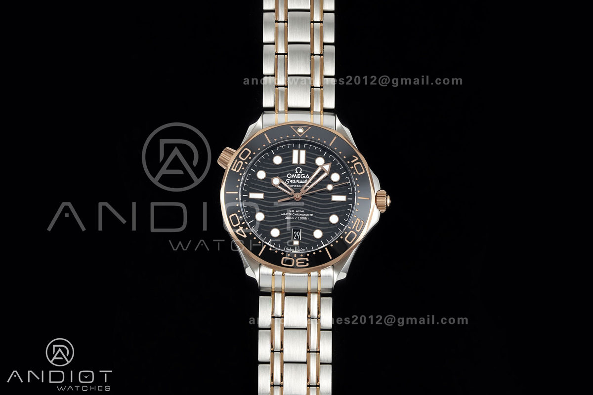 Seamaster Diver 300M SS/RG ORF 1:1 Best Edition Black Ceramic Black Dial on SS/RG Bracelet OR8800 Super Clone